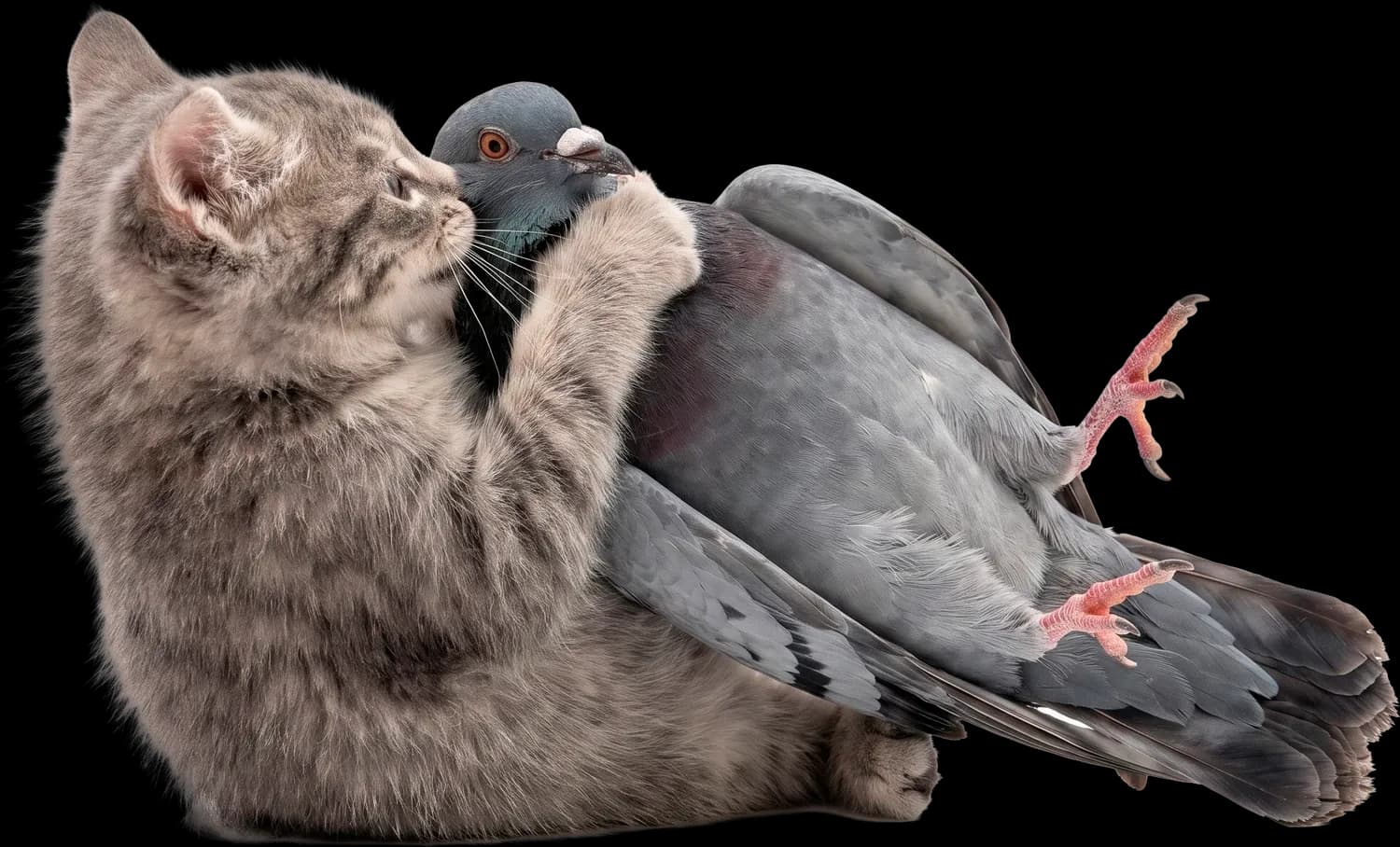A kitten holding the pigeon in a clinch