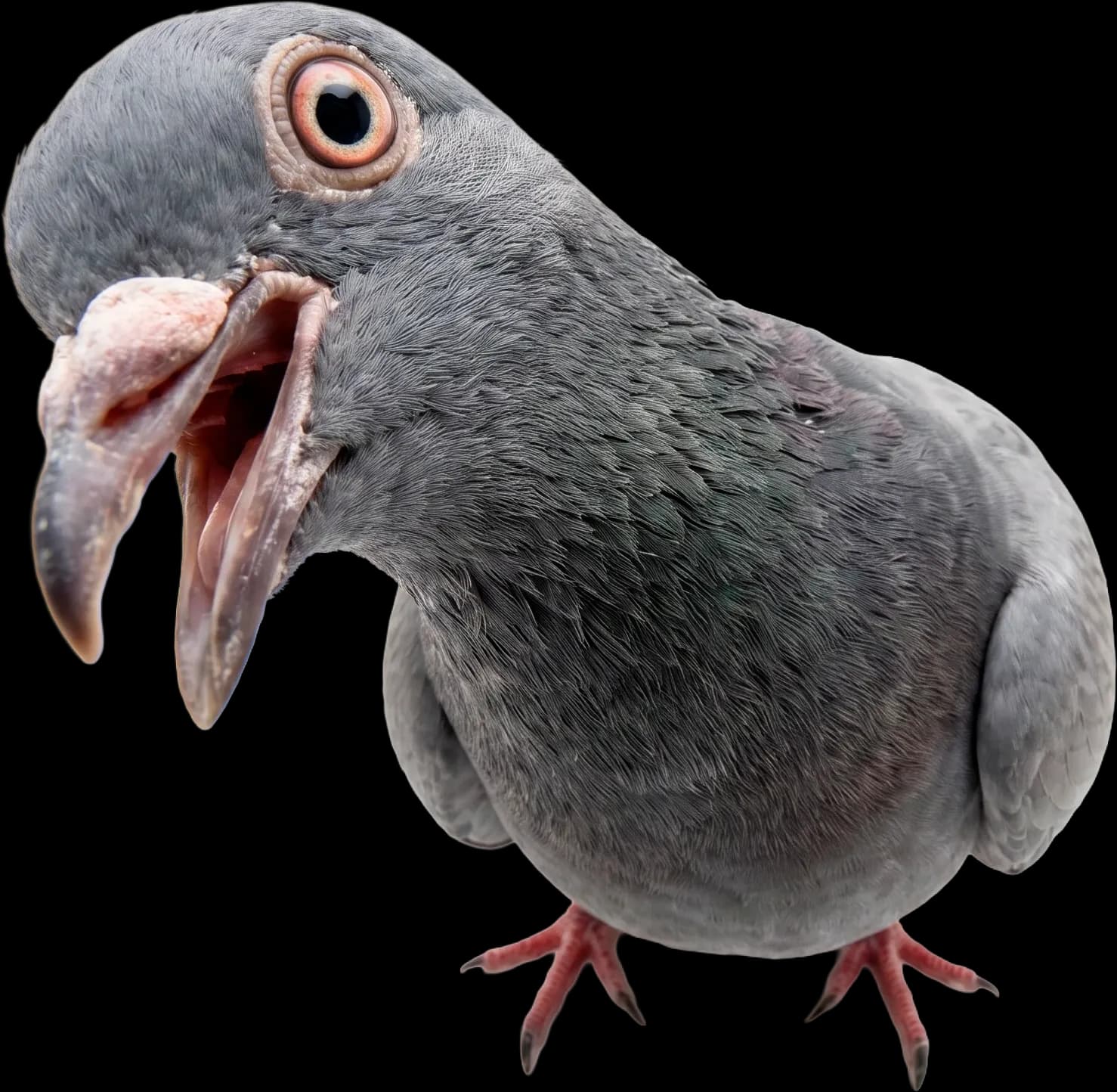 Extreme close-up of the pigeon with its beak wide open